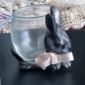 VINTAGE METZKE PEWTER RABBIT BUNNY W/ GLASS VOTIVE CANDLE HOLDER & CANDLE EUC